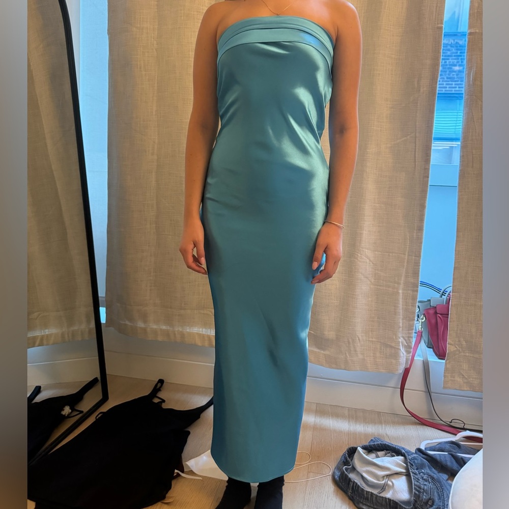 Silky blue strapless dress